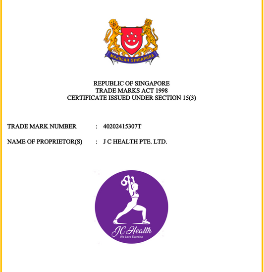 Official Singapore trademark certificate for J C Health and the "We Love Exercise" logo.