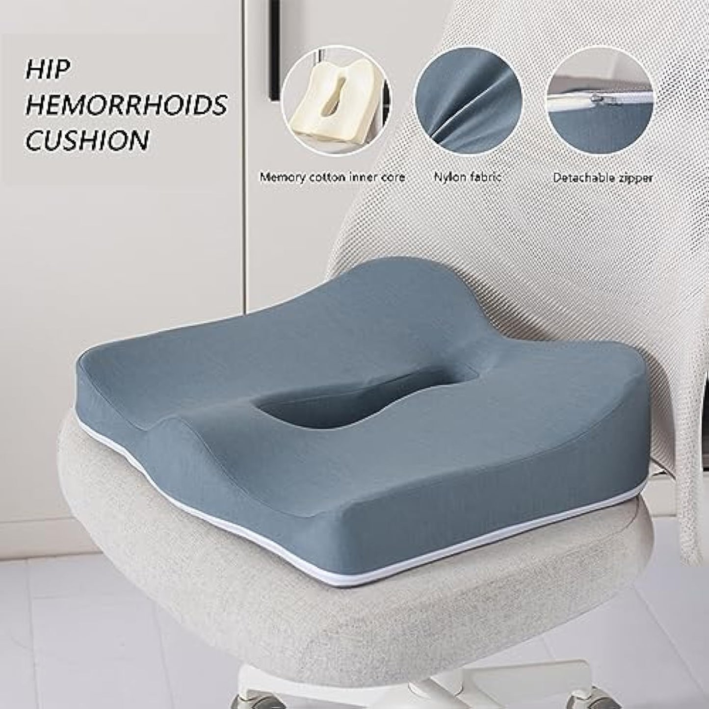 JC Health Hip Hemorrhoids Cushion in light grey, featuring a memory cotton inner core, durable nylon fabric, and a convenient detachable zipper. The cushion is designed for pain relief and comfortable sitting.
