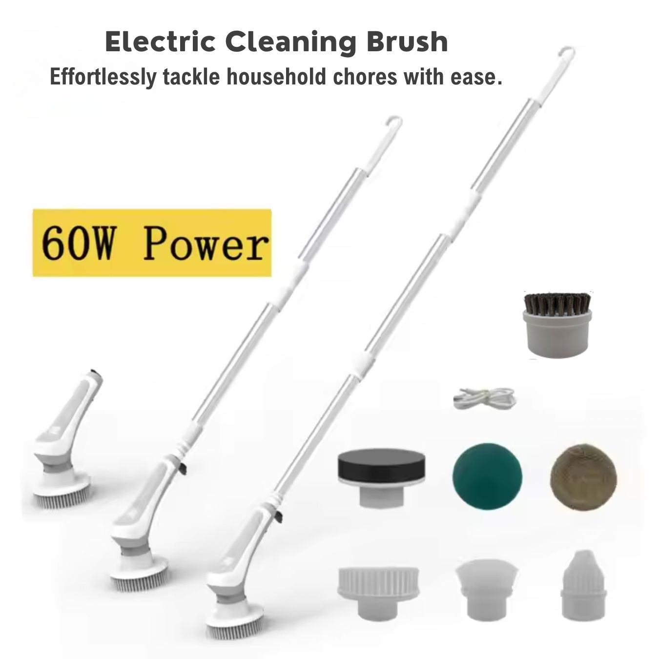 Main product image of the DivasPlace Electric Spin Scrubber, showcasing its '60W Power' for effortlessly tackling household chores. The image displays the complete set, including the main scrubber unit, the extendable handle, and various interchangeable brush heads and accessories, providing a versatile solution for deep cleaning