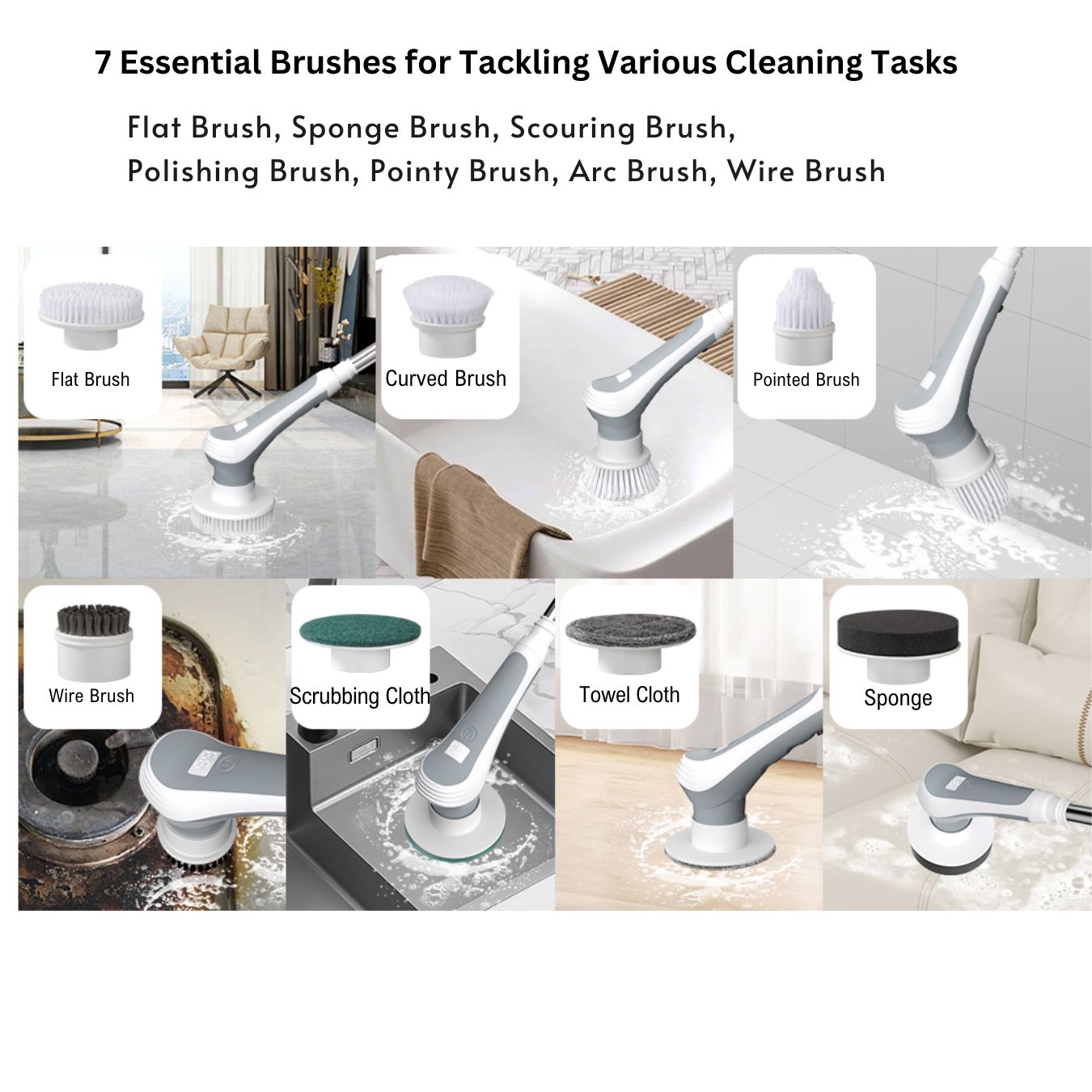 Infographic for the DivasPlace Electric Spin Scrubber, detailing its '7 Essential Brushes for Tackling Various Cleaning Tasks.' The image displays each brush head with its name and typical use, including Flat Brush, Curved Brush, Pointed Brush, Wire Brush, Scrubbing Cloth, Towel Cloth, and Sponge, showcasing the versatile cleaning capabilities for different surfaces and grime types.
