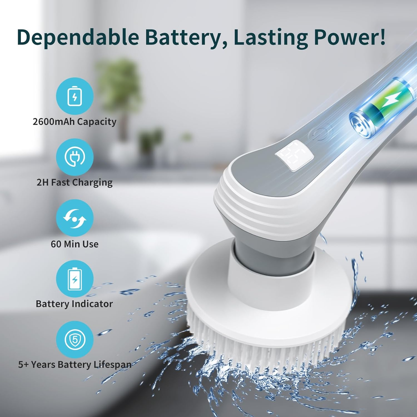 Infographic for the DivasPlace Electric Spin Scrubber, highlighting its 'Dependable Battery, Lasting Power!' The image details the battery features, including a 2600mAh capacity, 2-hour fast charging, 60 minutes of continuous use, a convenient battery indicator, and a 5+ years battery lifespan, ensuring reliable and long-lasting cleaning performance
