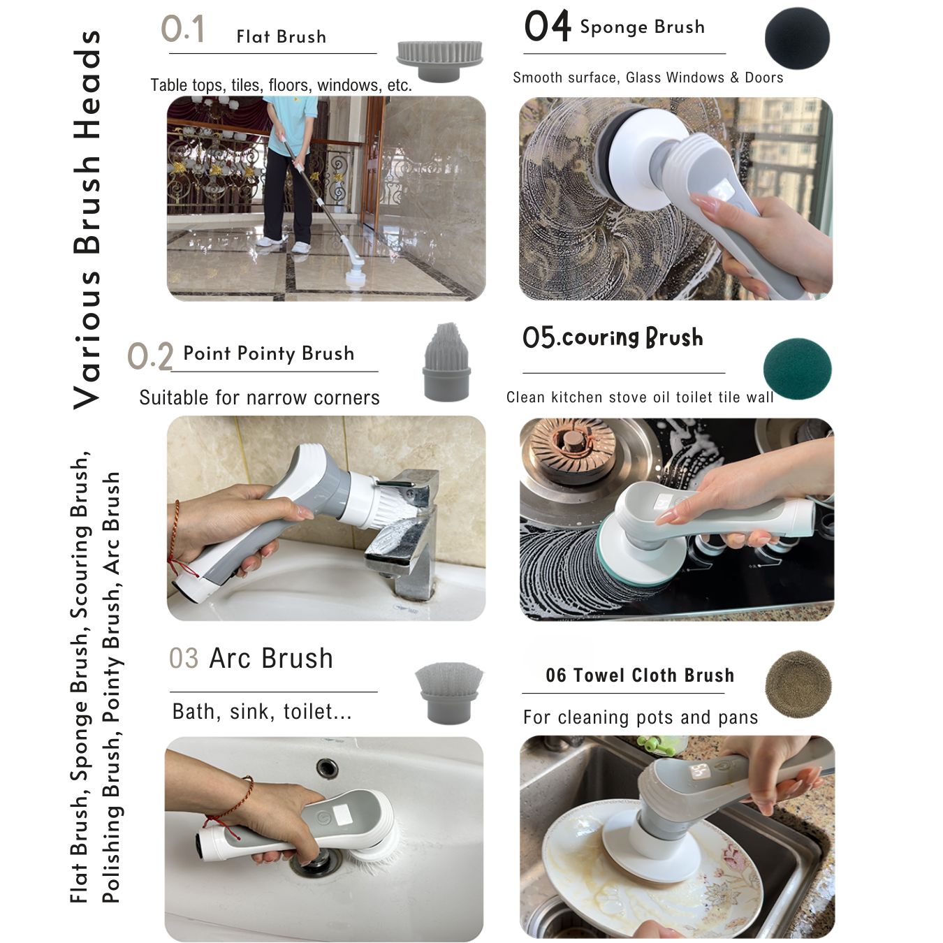 Infographic for the DivasPlace Electric Spin Scrubber, detailing the specific uses of its 'Various Brush Heads.' The image illustrates: Flat Brush for tabletops, tiles, floors, and windows; Pointy Brush for narrow corners; Arc Brush for baths, sinks, and toilets; Sponge Brush for smooth surfaces, glass windows, and doors; Scouring Brush for kitchen stoves, oil, and tile walls; and Towel Cloth Brush for cleaning pots and pans, showcasing the comprehensive cleaning versatility.