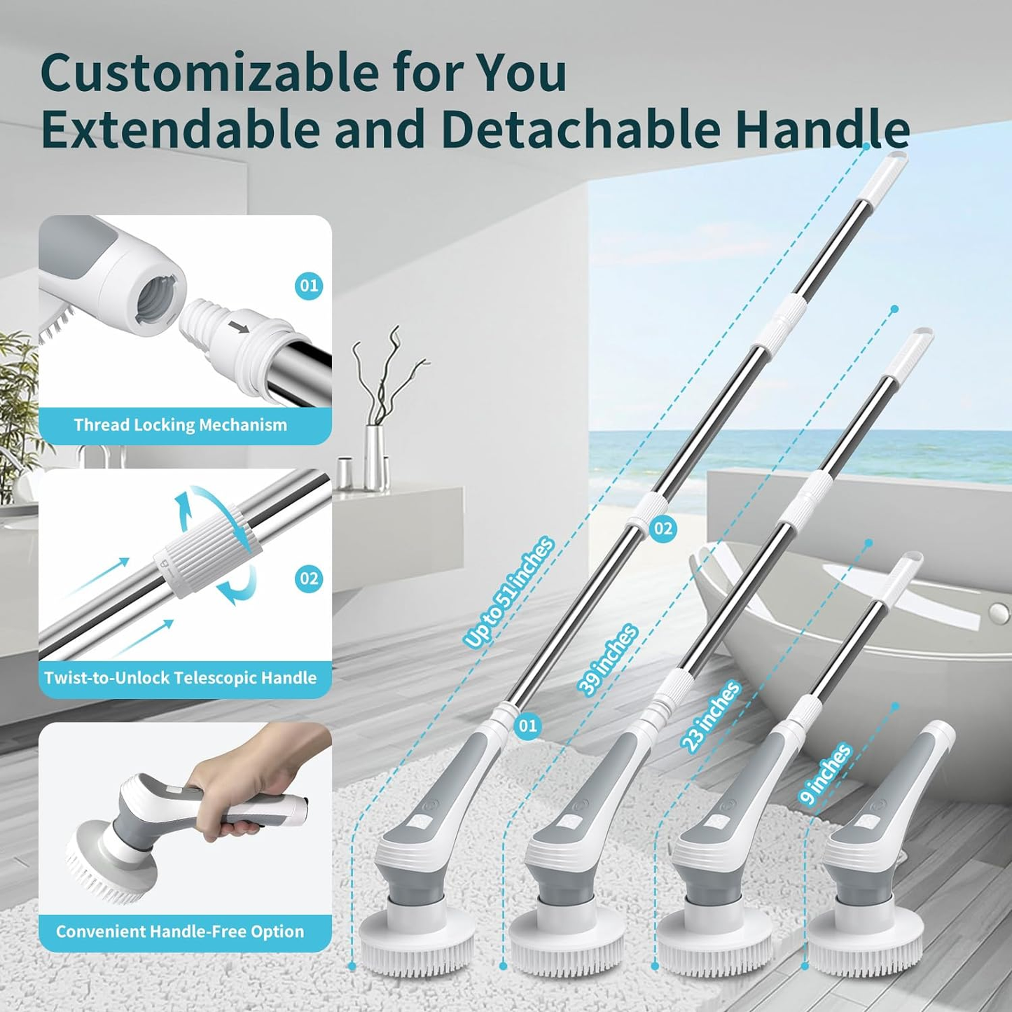 Infographic for the DivasPlace Electric Spin Scrubber, highlighting its 'Customizable for You - Extendable and Detachable Handle.' The image demonstrates the thread locking mechanism and twist-to-unlock telescopic handle, showing its use as a convenient handle-free option (9 inches), a mid-length 23-inch handle, and fully extended up to 39 inches, offering versatile reach for various cleaning tasks.