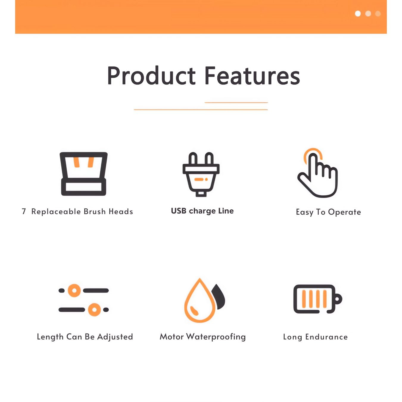 Infographic for the DivasPlace Electric Spin Scrubber, summarizing its key 'Product Features.' The image displays icons and text highlighting: 7 replaceable brush heads, USB charge line, easy operation, adjustable length, motor waterproofing, and long endurance, showcasing the scrubber's versatility, convenience, and durability