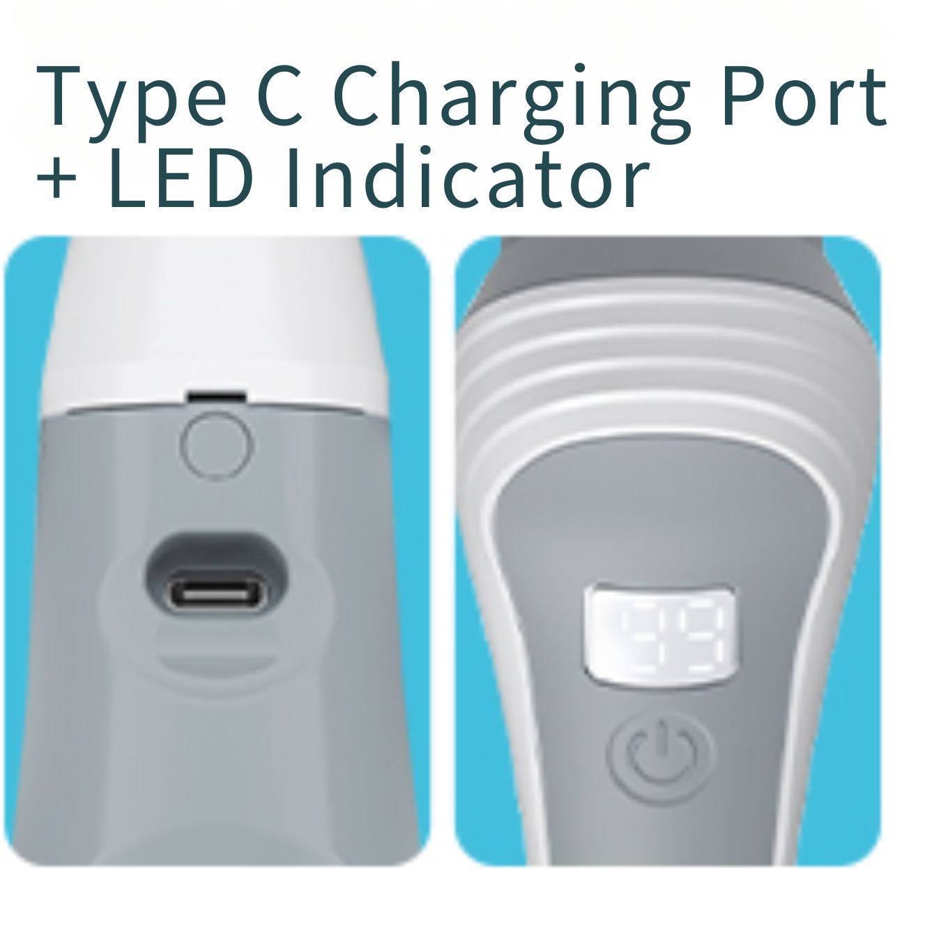 Close-up image of the DivasPlace Electric Spin Scrubber, highlighting its convenient Type C Charging Port and integrated LED Indicator. The image shows the modern USB-C port for fast charging and the digital LED display for battery status, ensuring easy and efficient power management