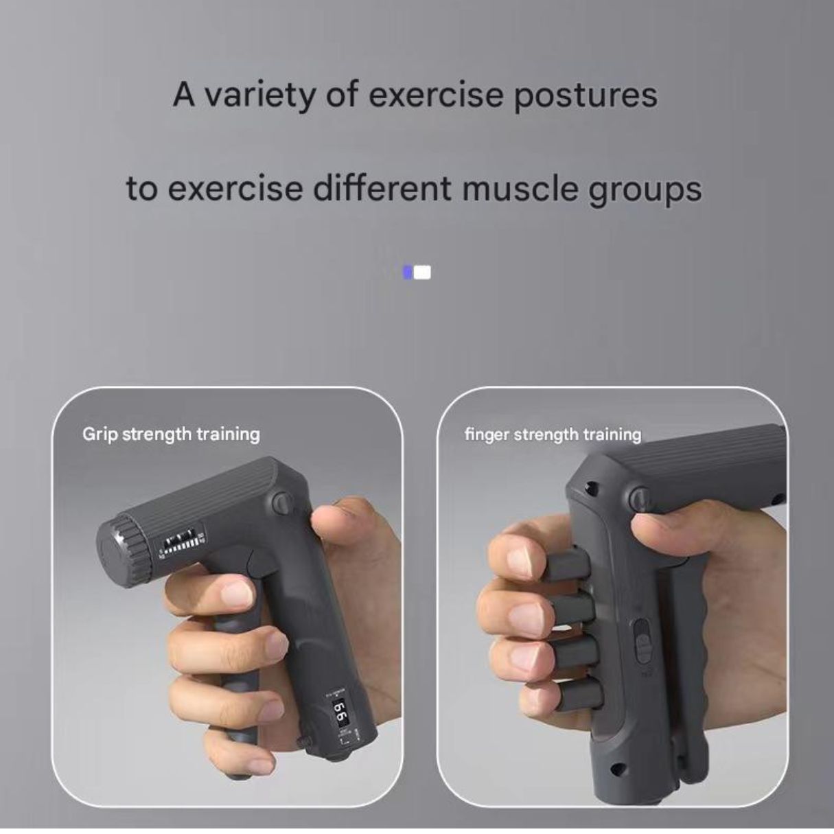 The image shows a hand gripper with two modes for grip strength training and finger strength training, indicating a variety of exercise postures to exercise different muscle groups.