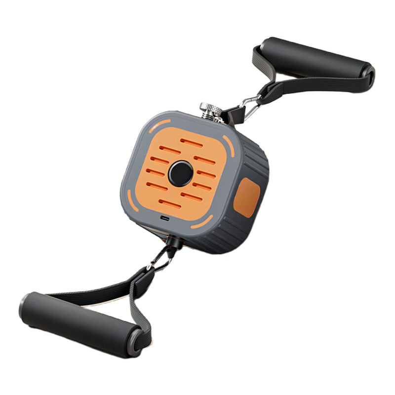 Retractable lanyard with orange and gray design on a white background