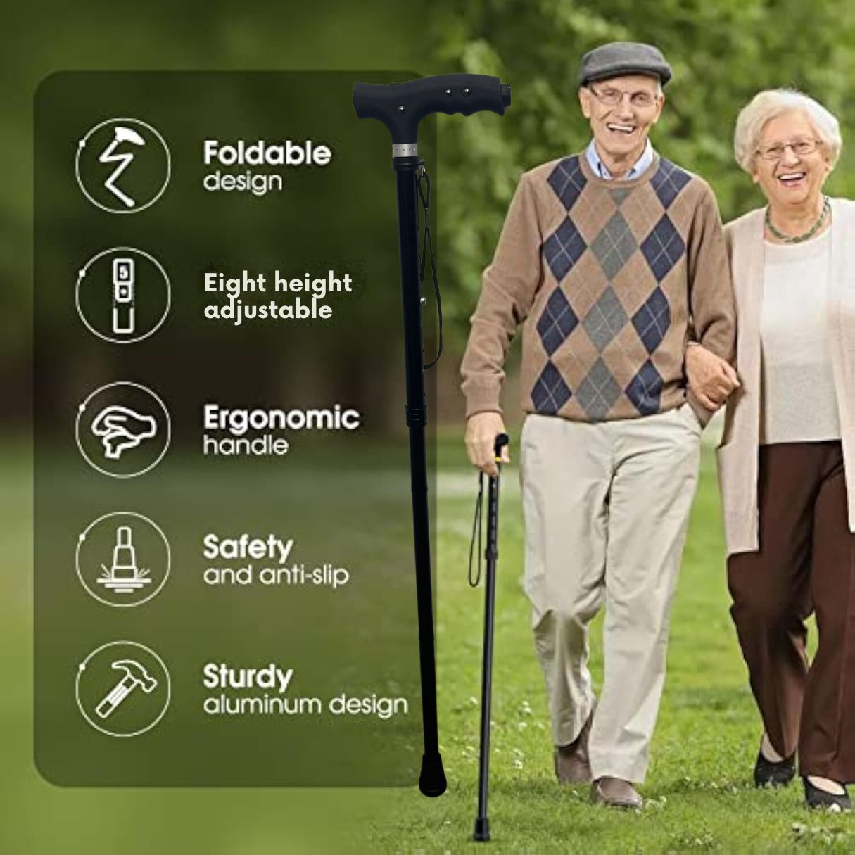 Two elderly people walking outdoors with a foldable walking cane, featuring its design and features.