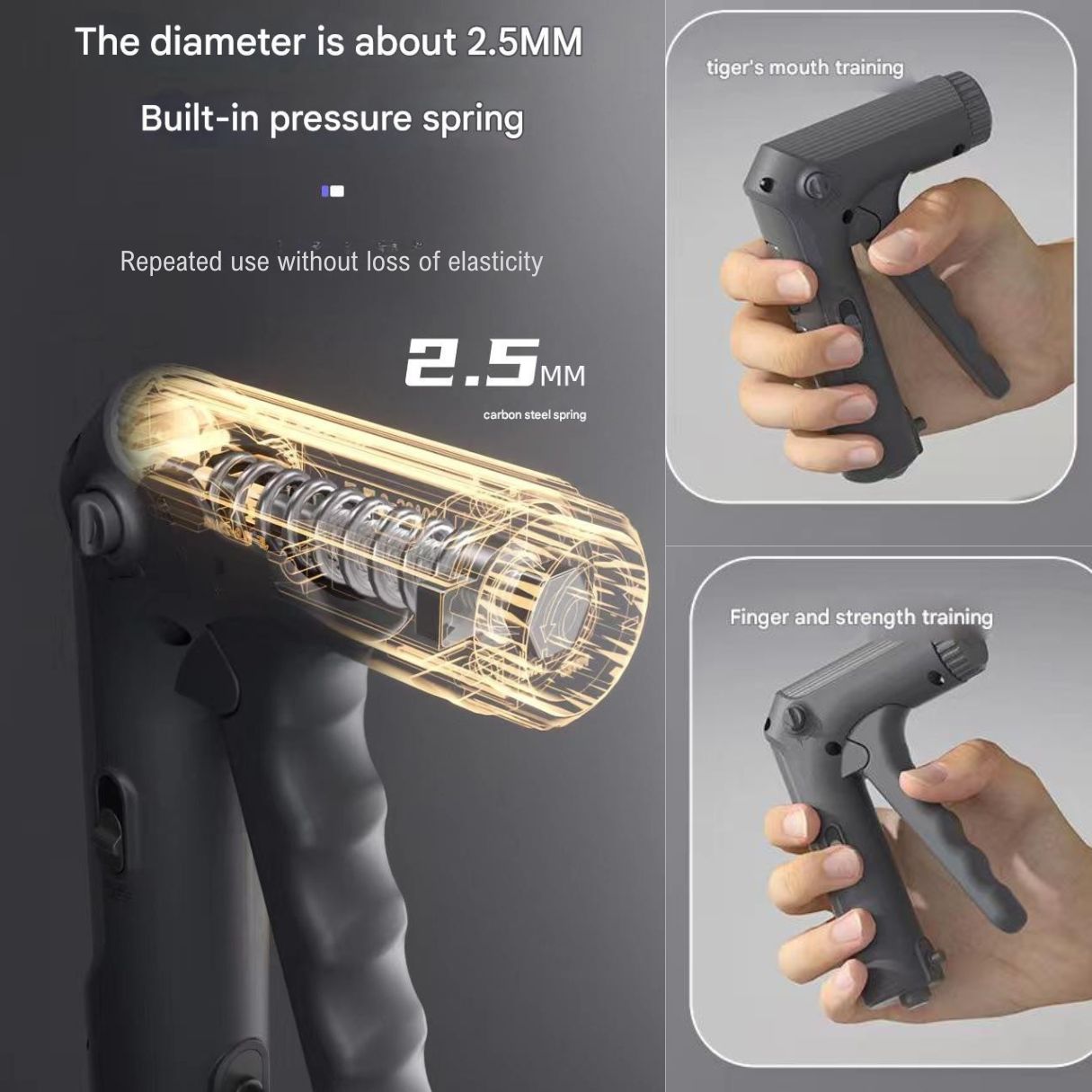 An image showing a black and gray hand gripper with a transparent section displaying the internal 2.5MM built-in pressure spring, along with illustrations of its use for finger and strength training.
