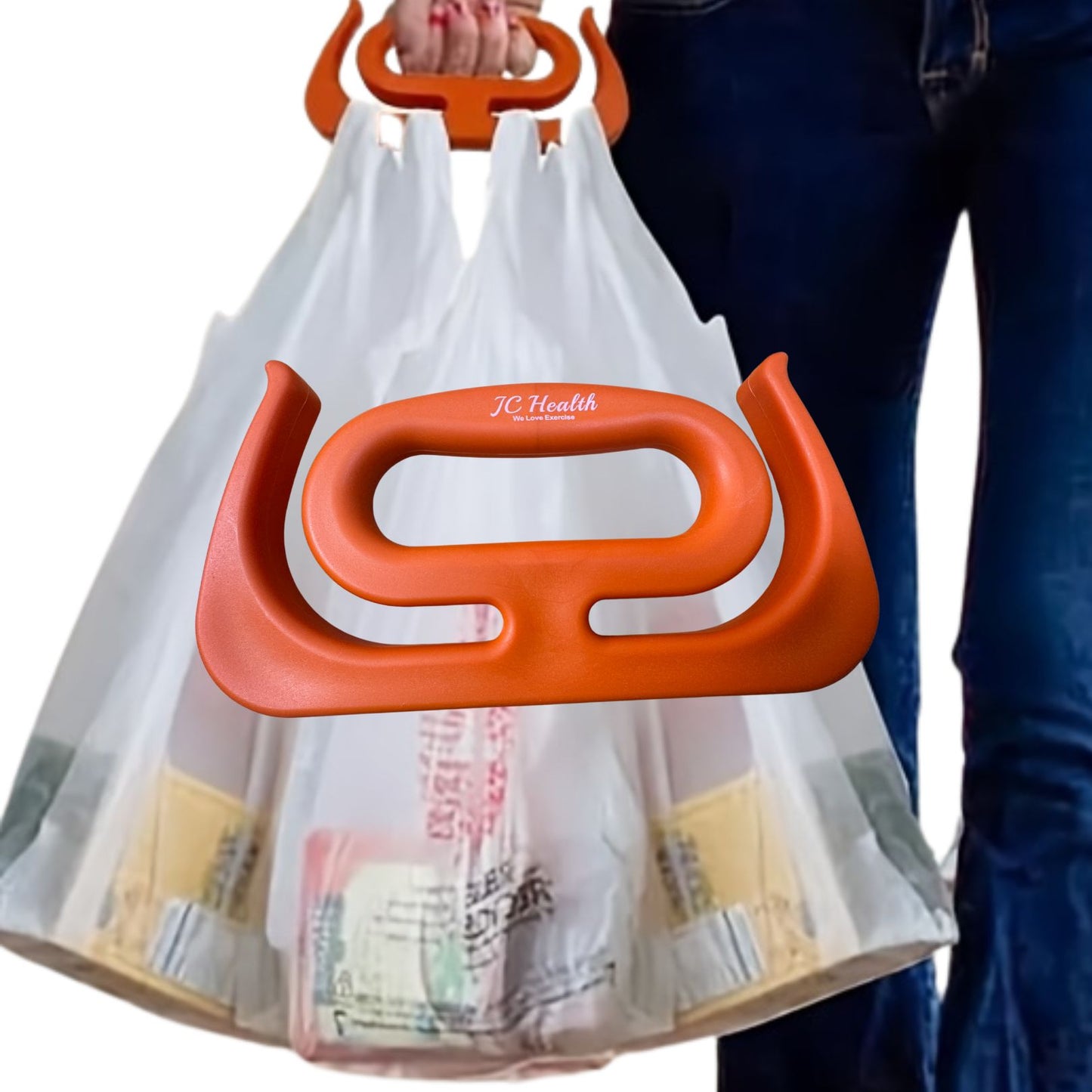 Orange plastic bag holder holding multiple white plastic bags with a person wearing blue jeans in the background.