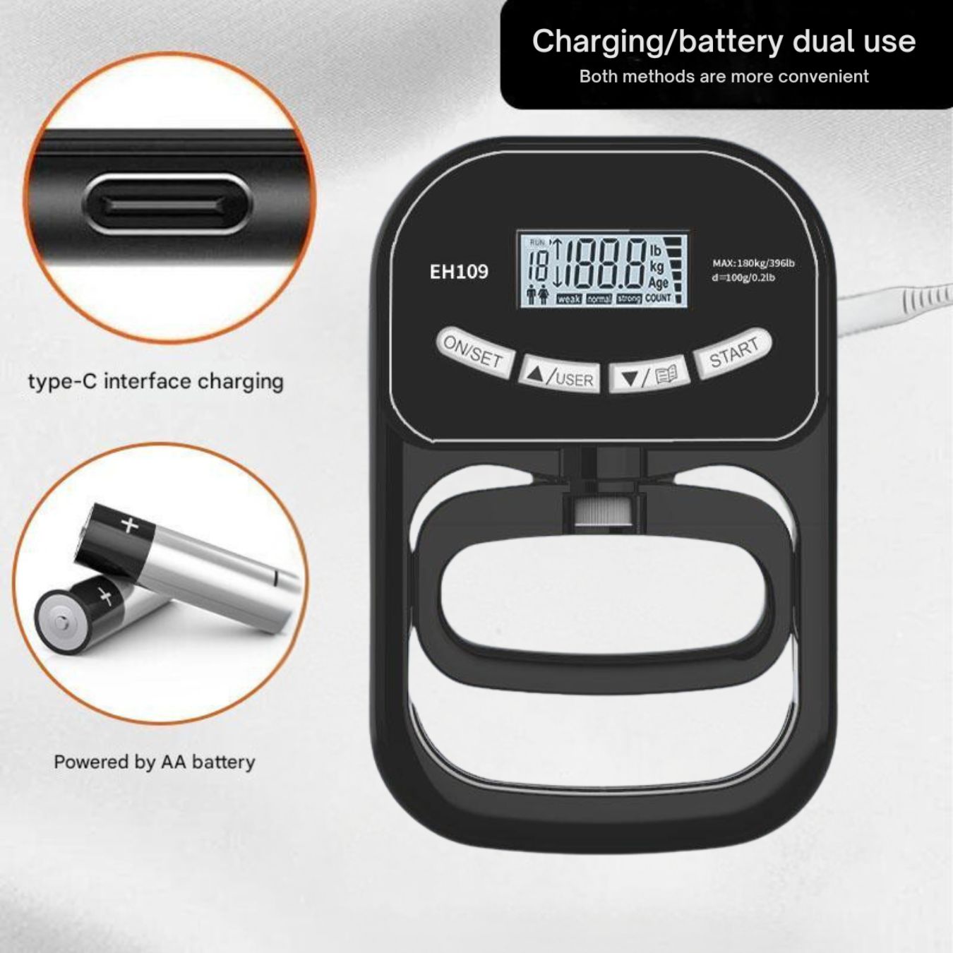 JC Health Hand Dynamometer showing dual charging options (USB and battery)