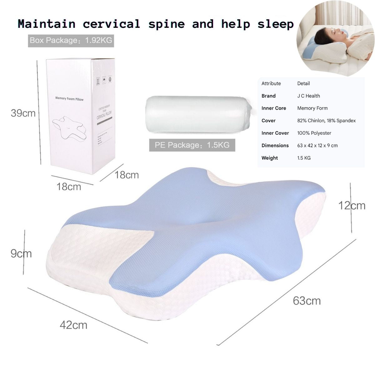 A photo showing the dimensions and packaging of the J C Health pillow, with a pillow box that is 39cm by 18cm.