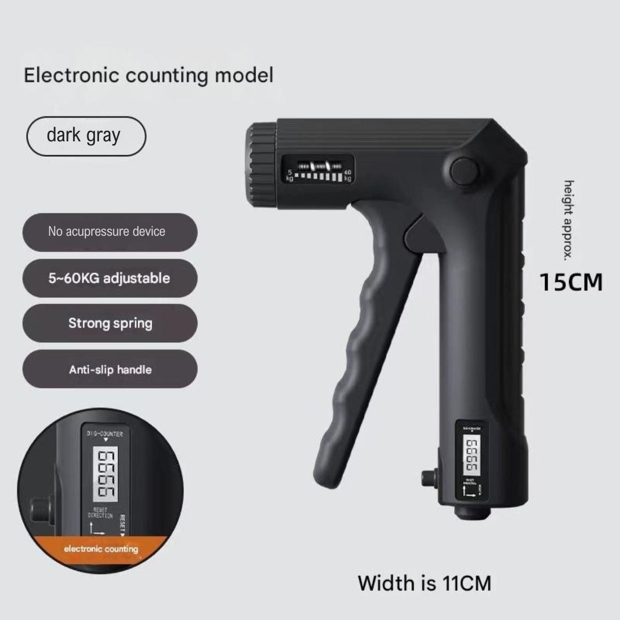 The image shows a hand gripper with two modes for grip strength training and finger strength training, indicating a variety of exercise postures to exercise different muscle groups.