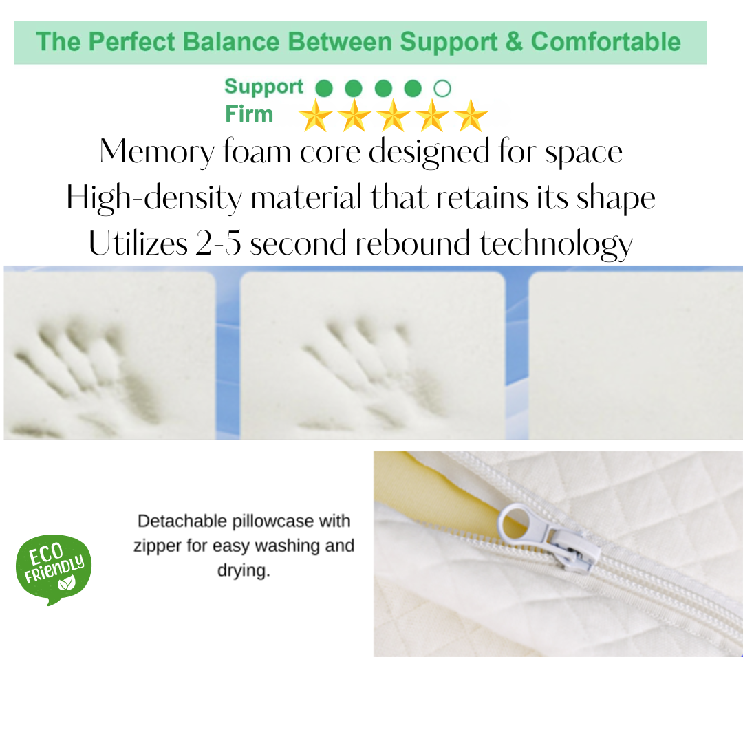 A close-up of the J C Health pillow's high-density memory foam core and detachable pillowcase with a zipper.