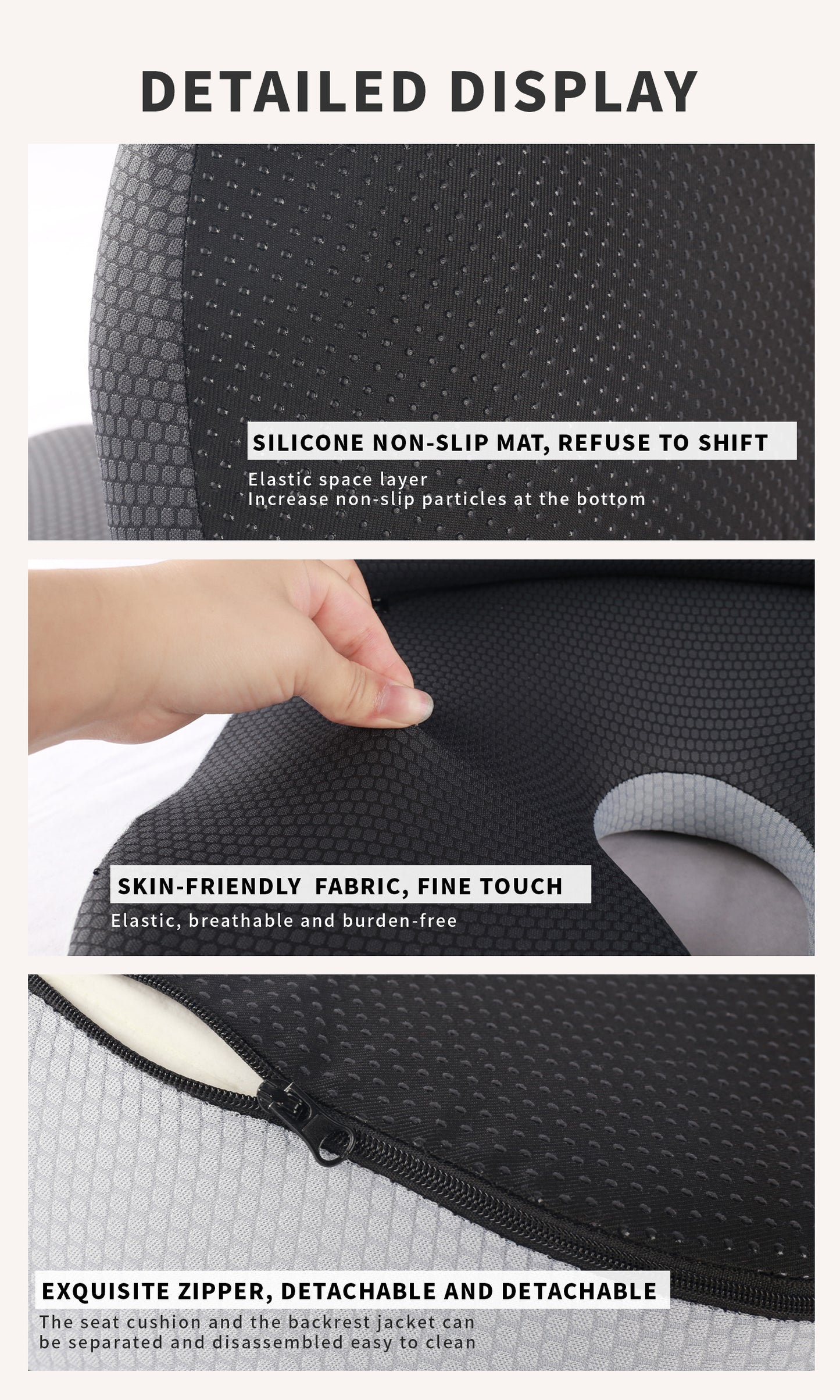 Detailed display of JC Health lumbar and seat cushion, showing its silicone non-slip mat, skin-friendly and breathable fabric, and exquisite detachable zipper for easy cleaning