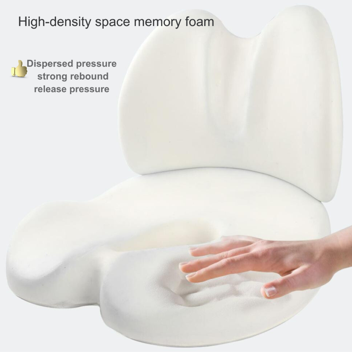 Close-up of JC Health integrated lumbar and seat cushion, showing a hand pressing into high-density memory foam to demonstrate dispersed pressure, strong rebound, and effective pressure relief.