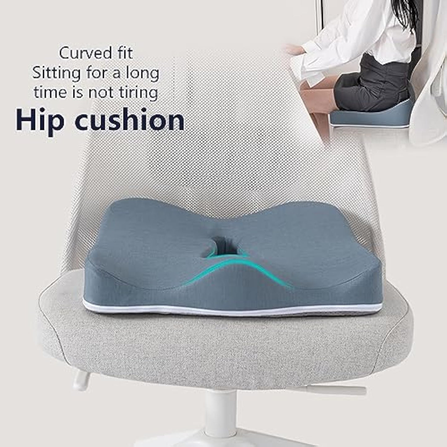 C Health ergonomic hip cushion in light grey, featuring a curved fit design for comfortable long-term sitting without fatigue. The cushion is shown on an office chair with an inset image of a person using it