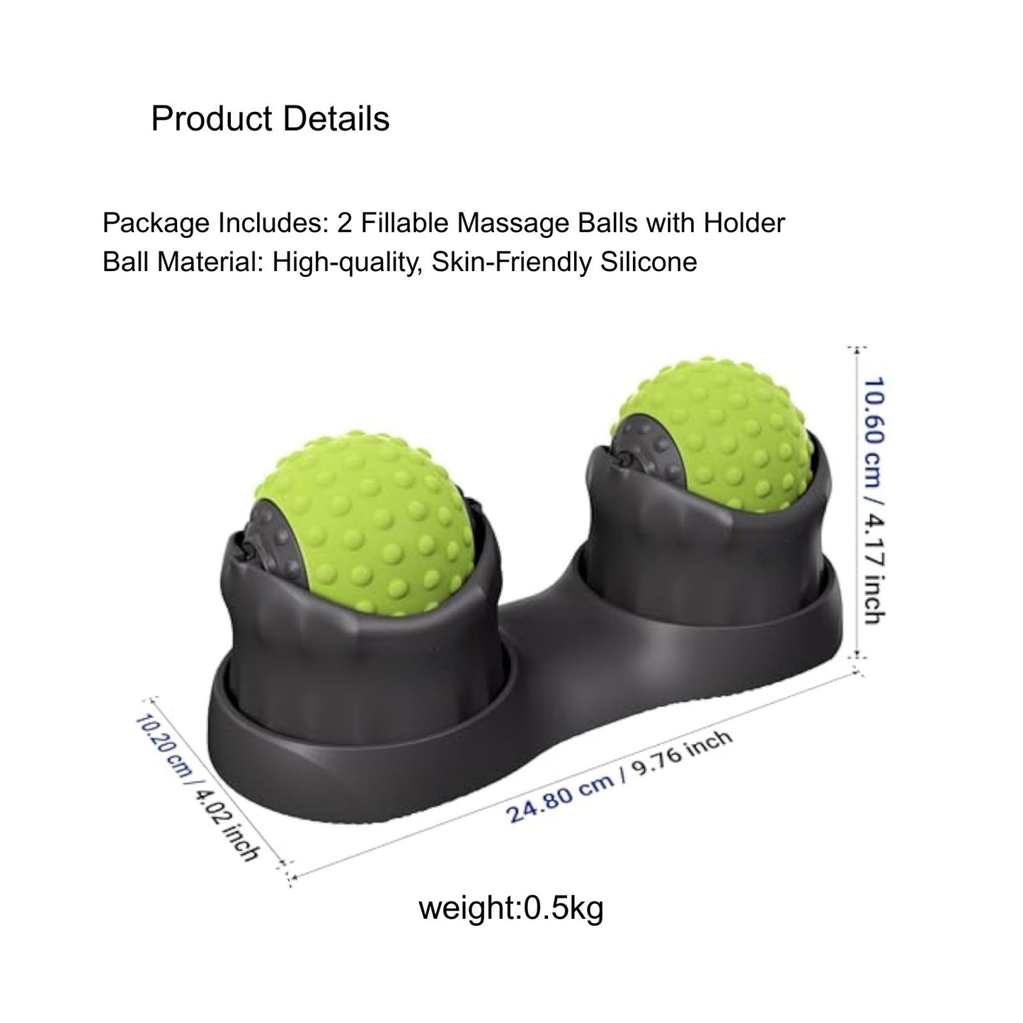 Fillable massage balls with holder on a white background, including product details and dimensions.