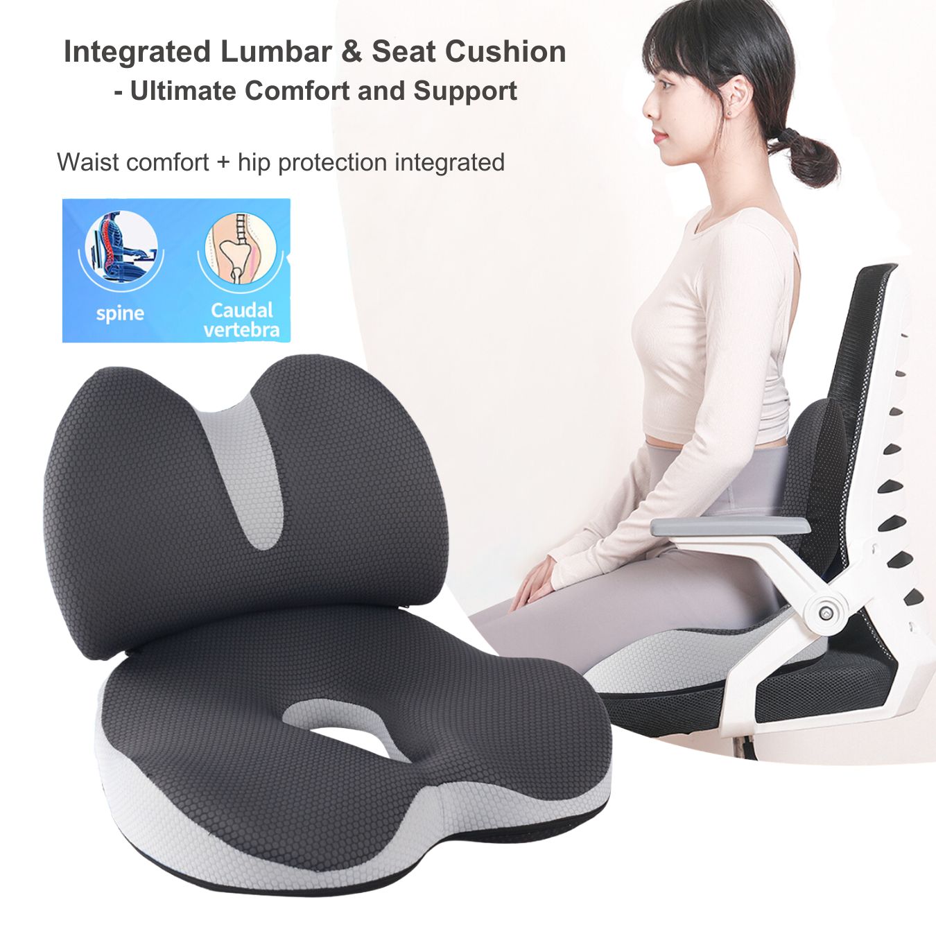 JC Health Integrated Lumbar & Seat Cushion for back pain relief, showing ergonomic design and full support for posture and sciatica