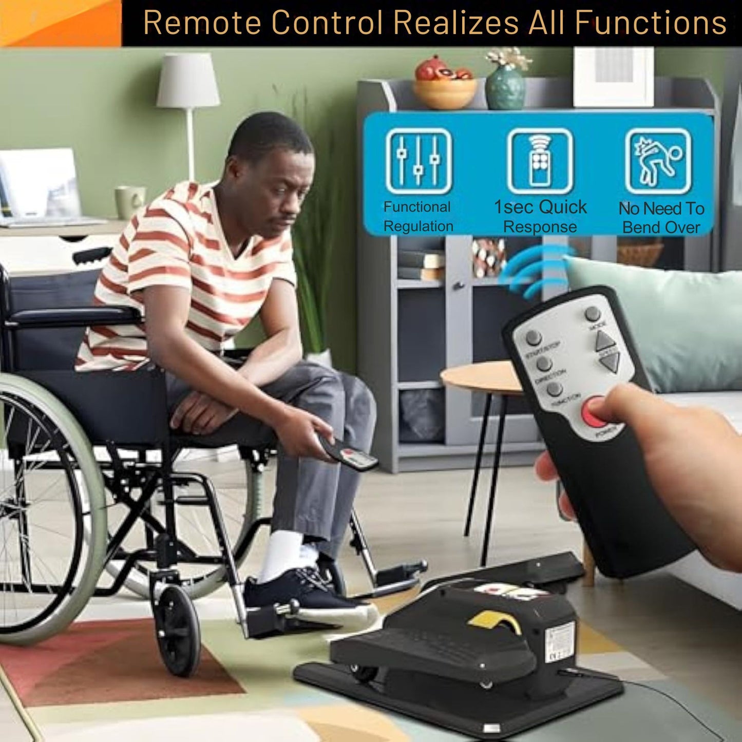 A man in a wheelchair using the JC Health motorized leg exerciser with its remote control, demonstrating functional regulation, 1-second quick response, and the convenience of no need to bend over, enhancing accessibility for seated users.