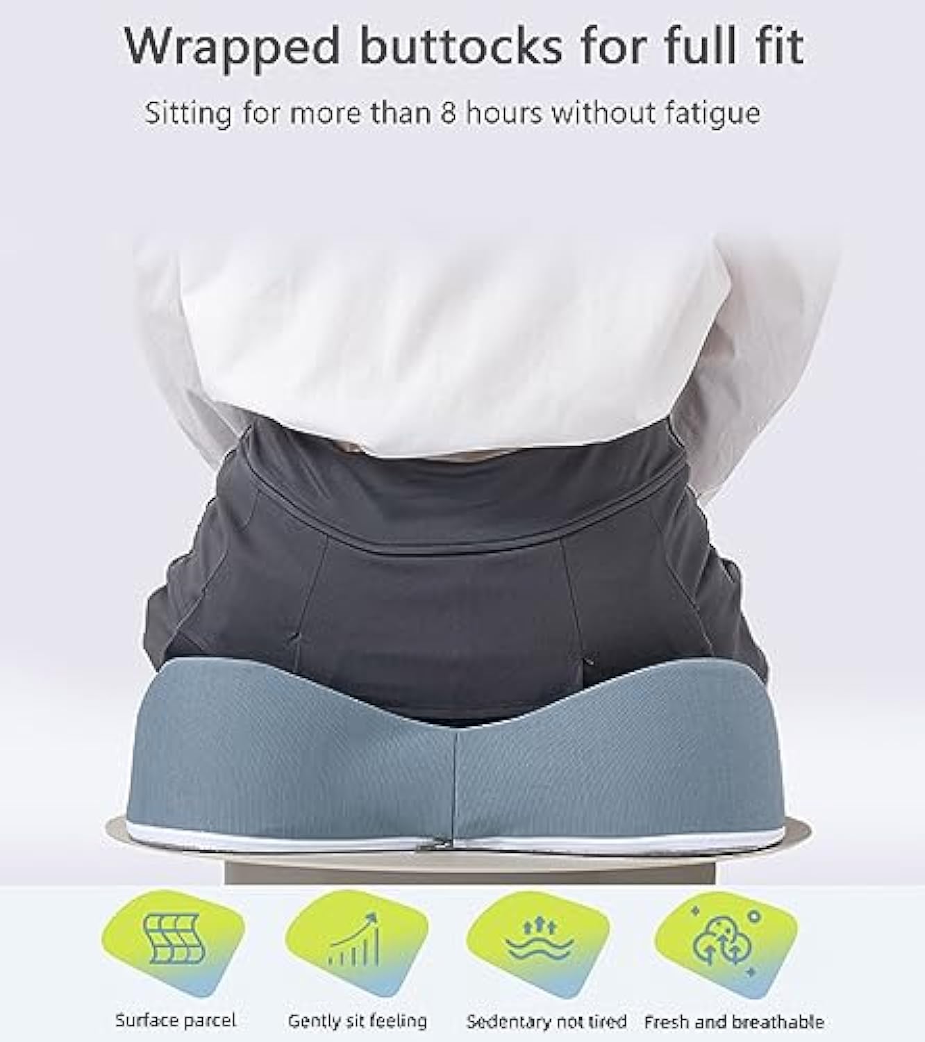 Person sitting on a JC Health ergonomic seat cushion, demonstrating its 'wrapped buttocks for full fit' design for sitting over 8 hours without fatigue. Highlights features like surface parcel support, gentle sitting feeling, anti-sedentary tiredness, and fresh, breathable material