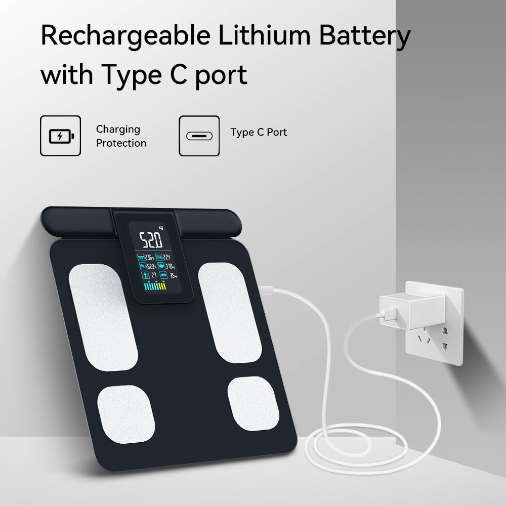 JC Health smart body composition scale connected to a charger via its Type C port, highlighting the rechargeable lithium battery and built-in charging protection for convenient and safe
