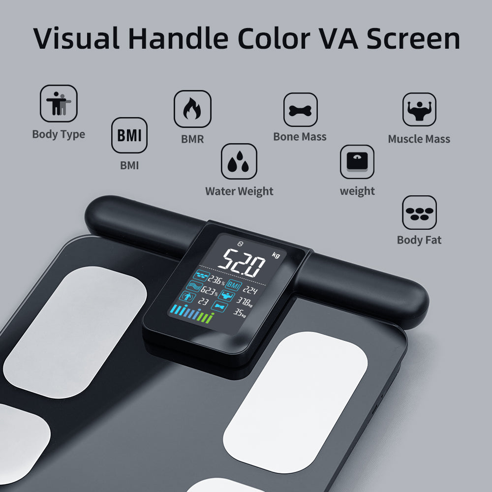 JC Health smart body composition scale with its visual handle color VA screen displaying weight and body metrics like BMI, BMR, Bone Mass, Muscle Mass, Water Weight, and Body Fat, for easy health tracking