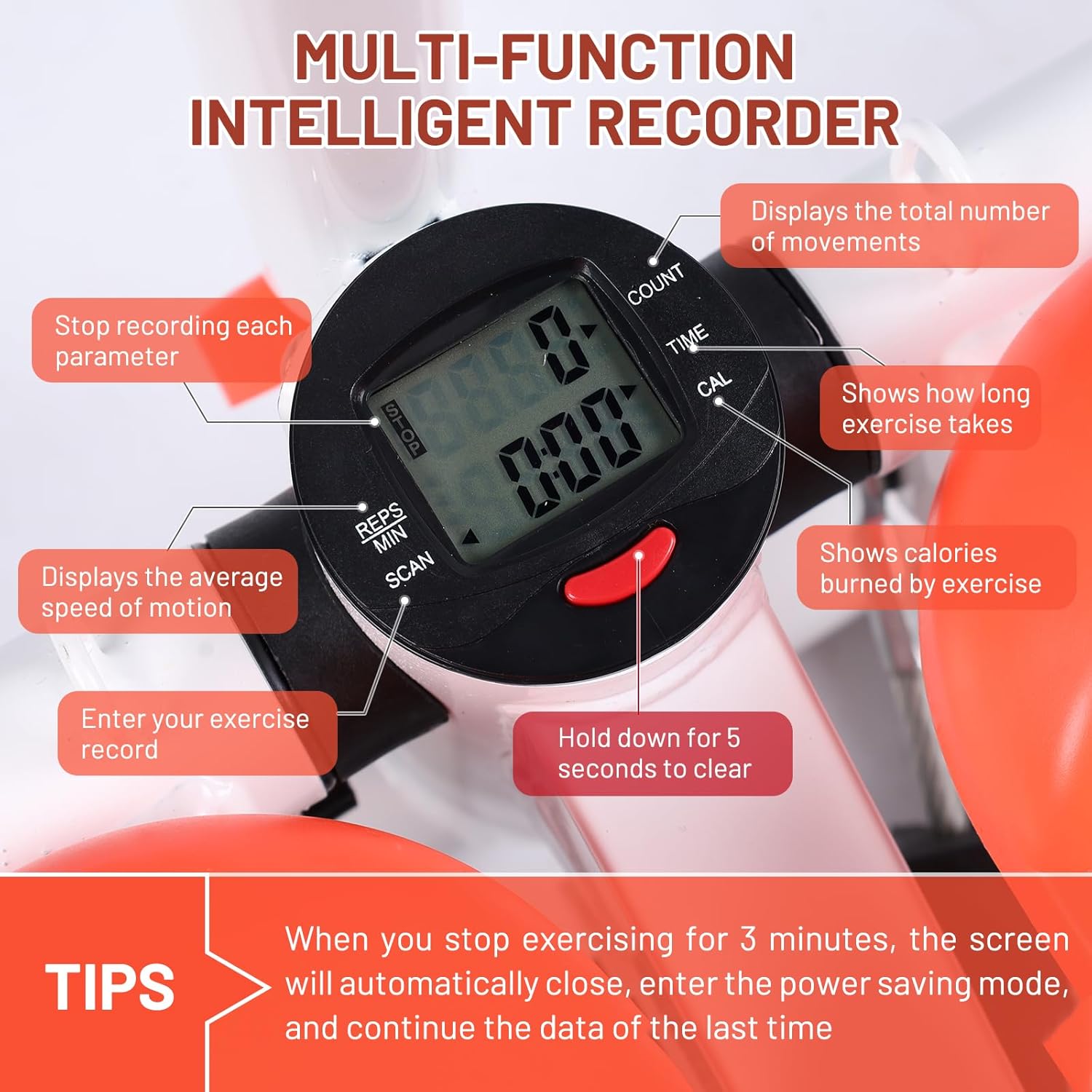 Close-up of the JC Health Mini Stepper's multi-function intelligent recorder, displaying exercise data such as total movements, time, calories burned, and average speed of motion. The screen features power-saving mode and retains data, offering comprehensive tracking for effective workouts