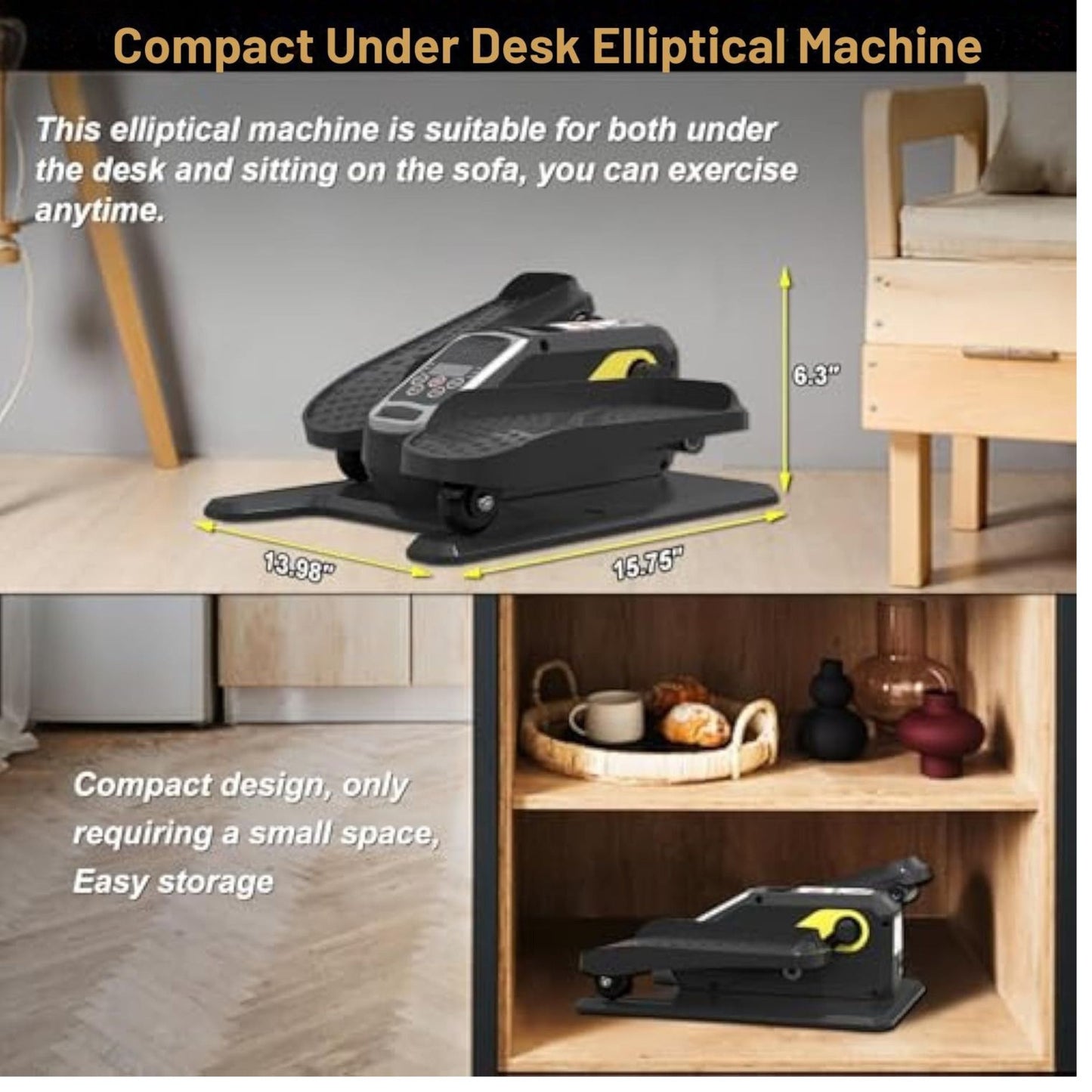 JC Health compact under-desk elliptical machine, shown with dimensions (13.98" L x 15.75" W x 9.8" H) and demonstrating easy storage in a small space, suitable for exercising under a desk or while sitting on a sofa