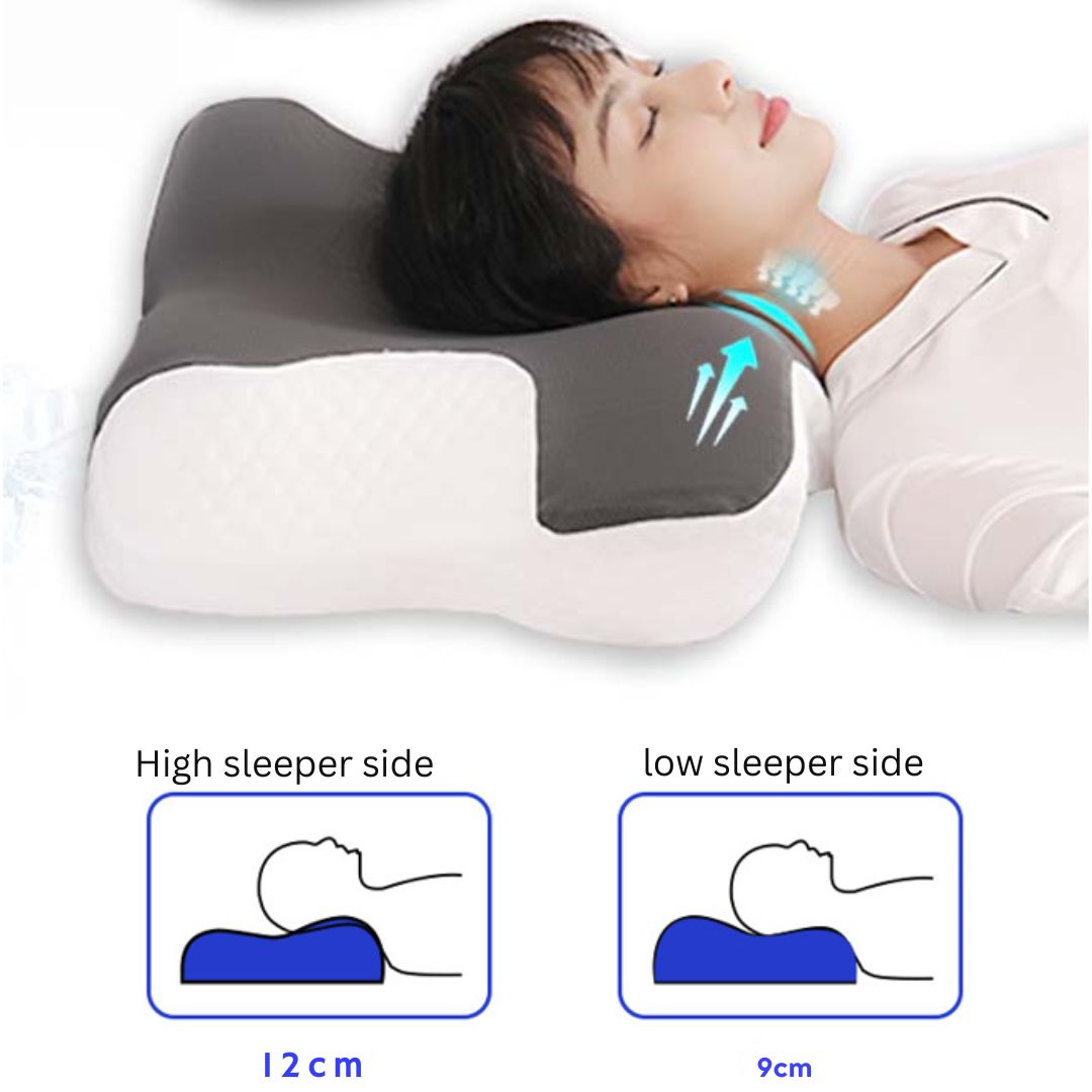 An infographic showing the two heights of the J C Health pillow, with a low side at 9cm and a high side at 12cm for different sleeping positions.
