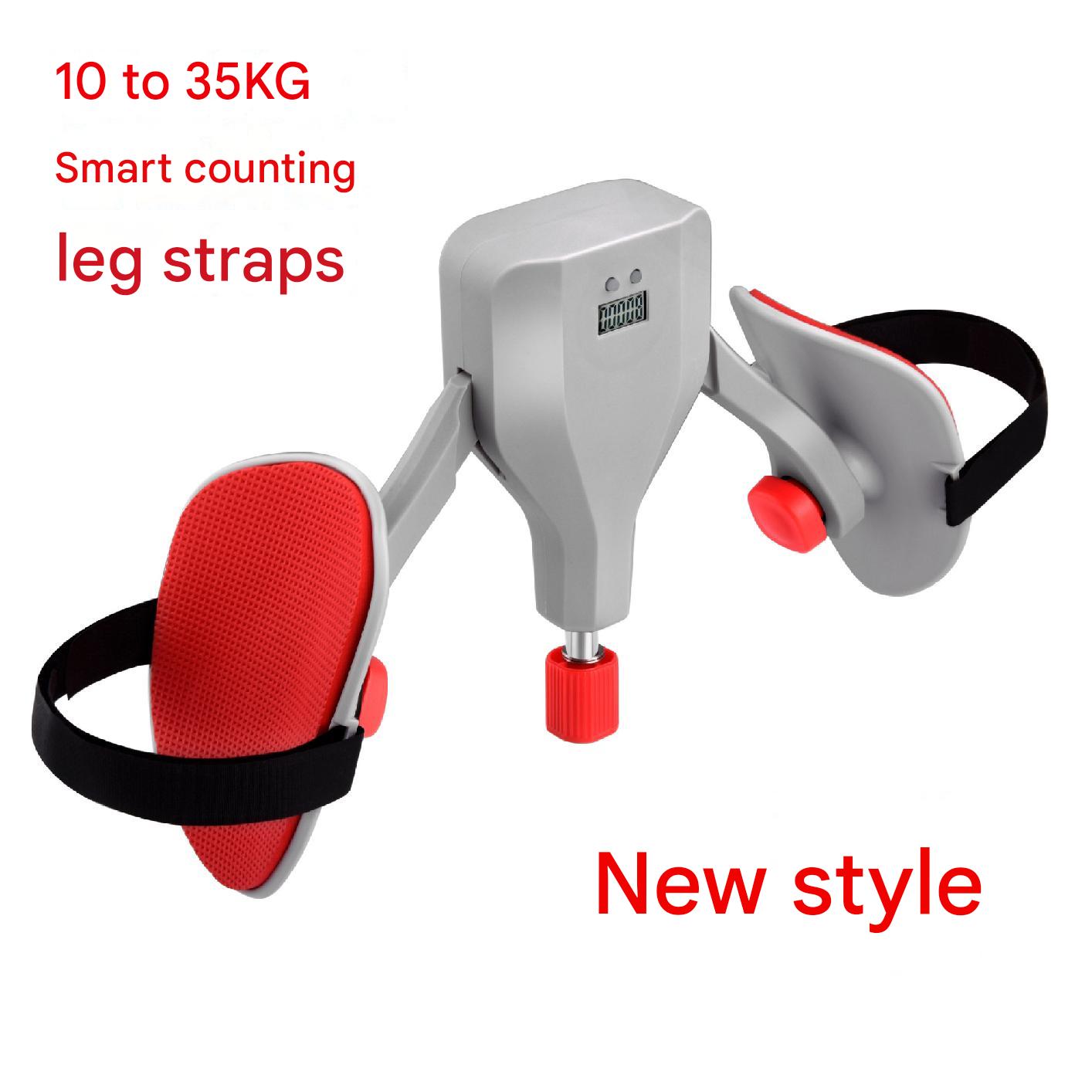 Adjustable resistance inner thigh exerger with digital counter and leg straps, displayed in silver color with red padding on the straps, and text indicating new style and 10 to 35kg adjustability.