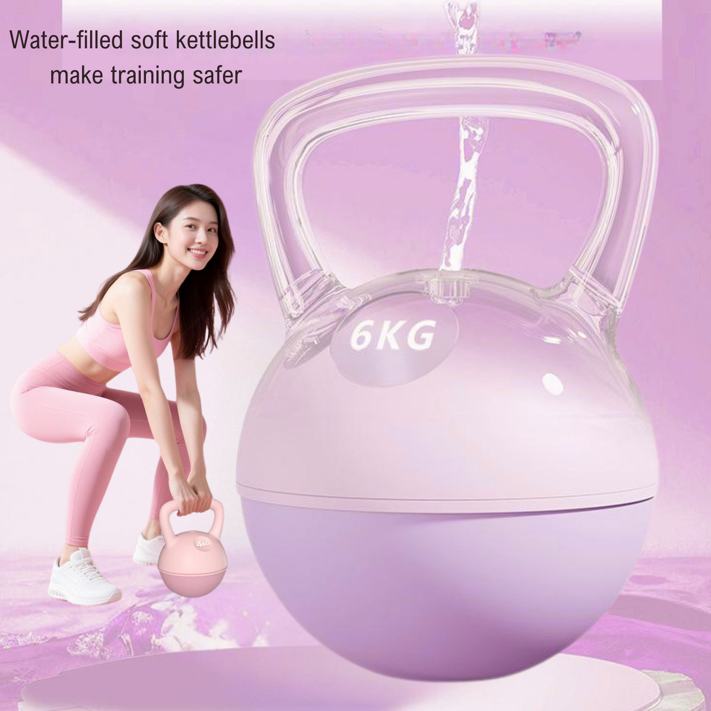 Woman holding a pink water-filled kettlebell with text on a purple background