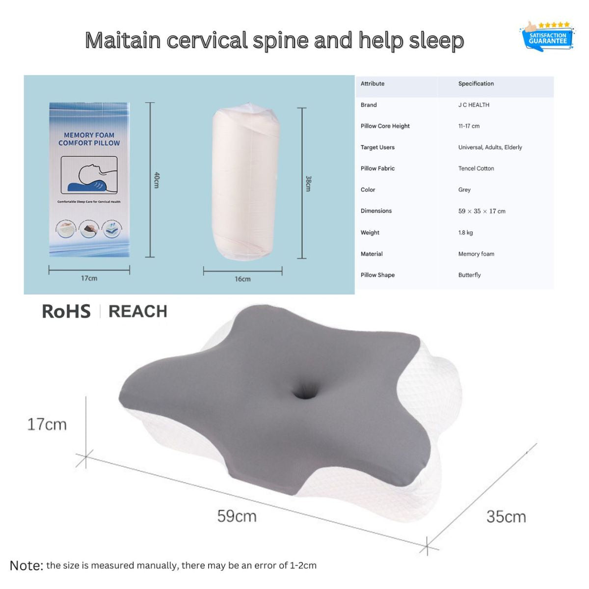 The JCHEALTH adjustable pillow packaged in its box, with a diagram displaying the product's full dimensions (59x35x17cm) REACH RoHS certified
