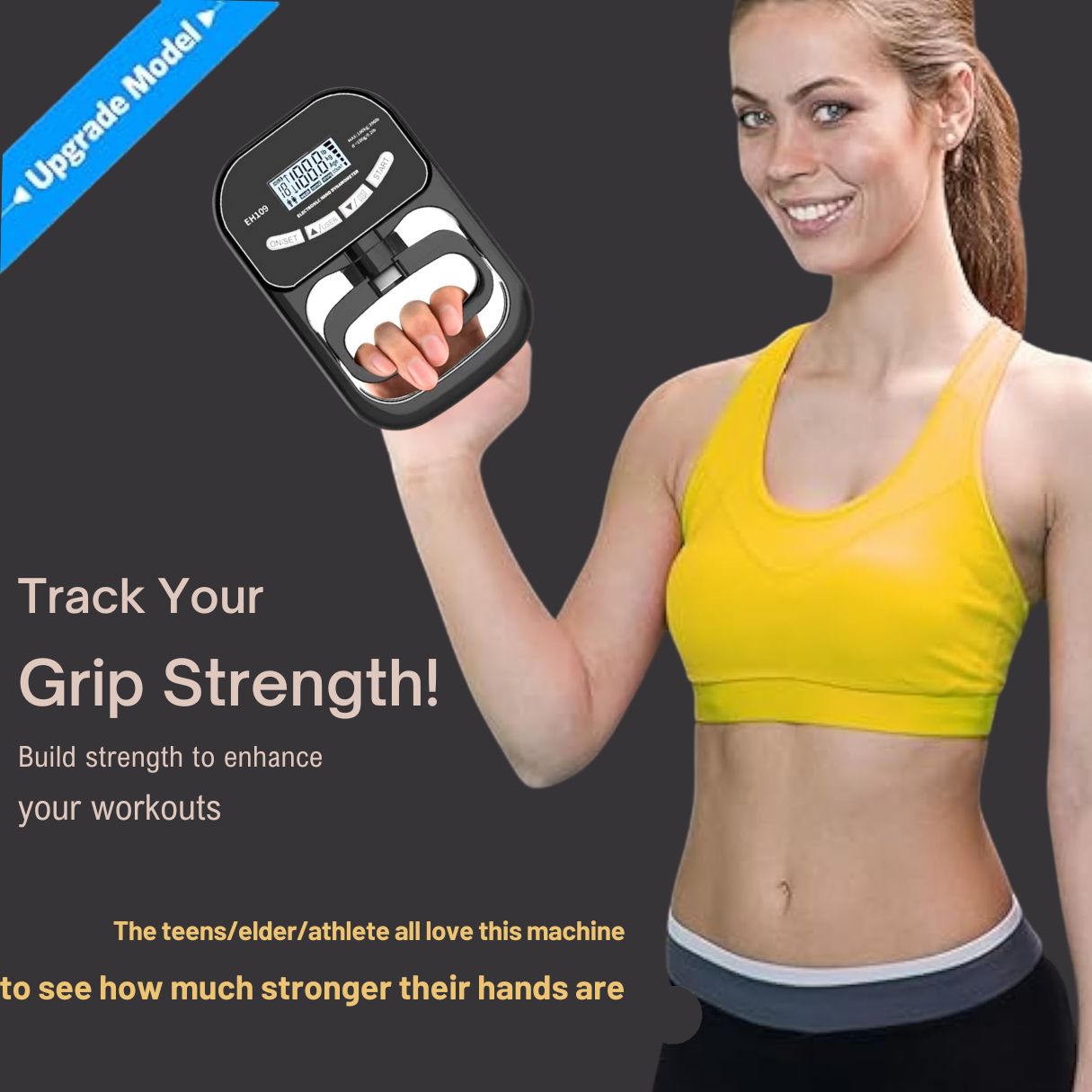 a lady in yellow shirt showing how to track her grip strengh to enhance her workout
