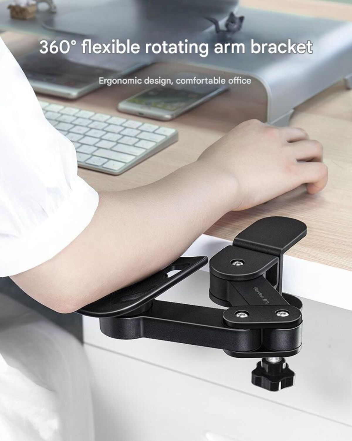 Person's arm resting on JC Health Ergonomic Desk Arm Rest, demonstrating its flexible rotating bracket in use