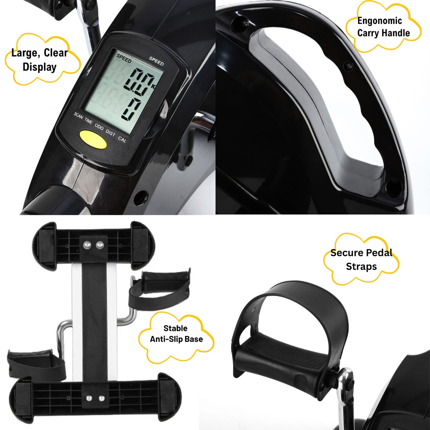 Close-up of JC Health mini bike details: large clear display, ergonomic carry handle, stable anti-slip base, and secure pedal straps
