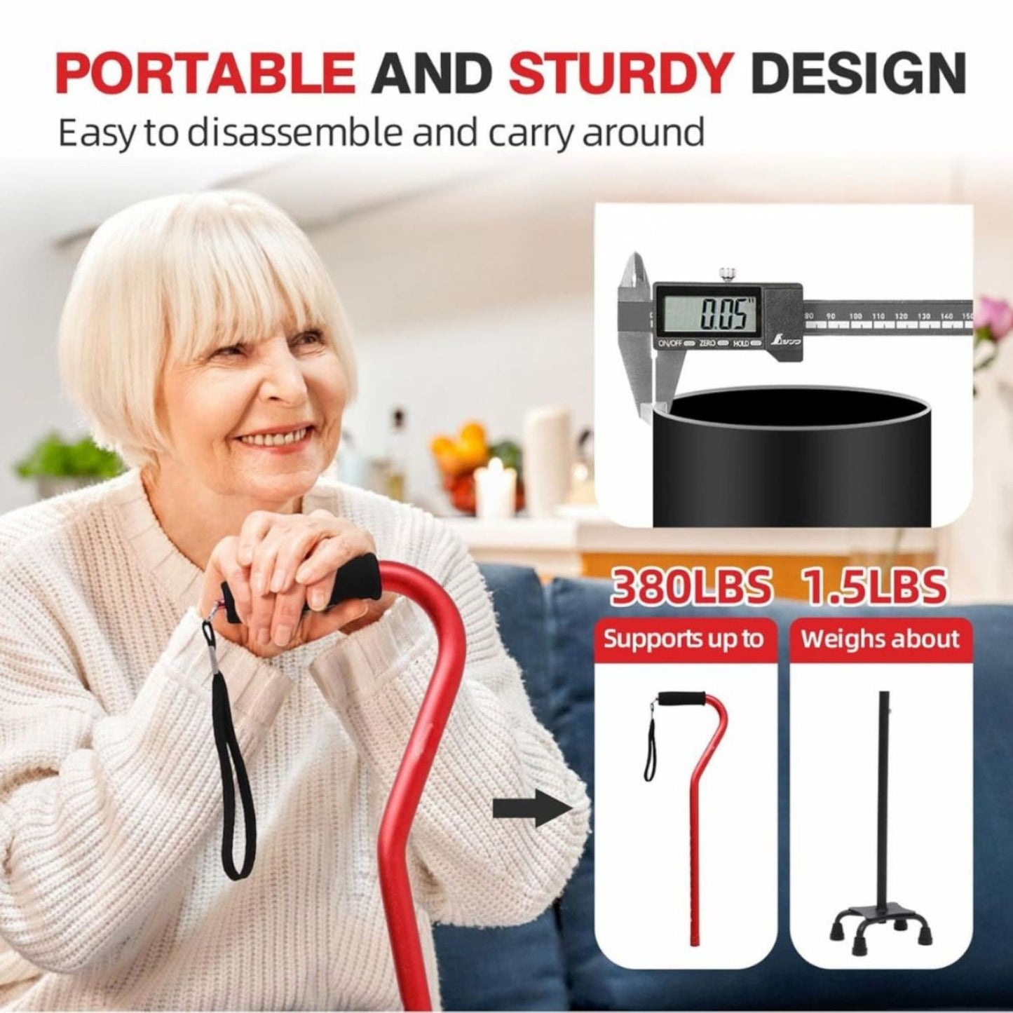 Smiling senior woman holding a red JC Health Aluminum Quad Cane, highlighting its portable and sturdy design, supporting up to 380lbs and weighing about 1.5lbs