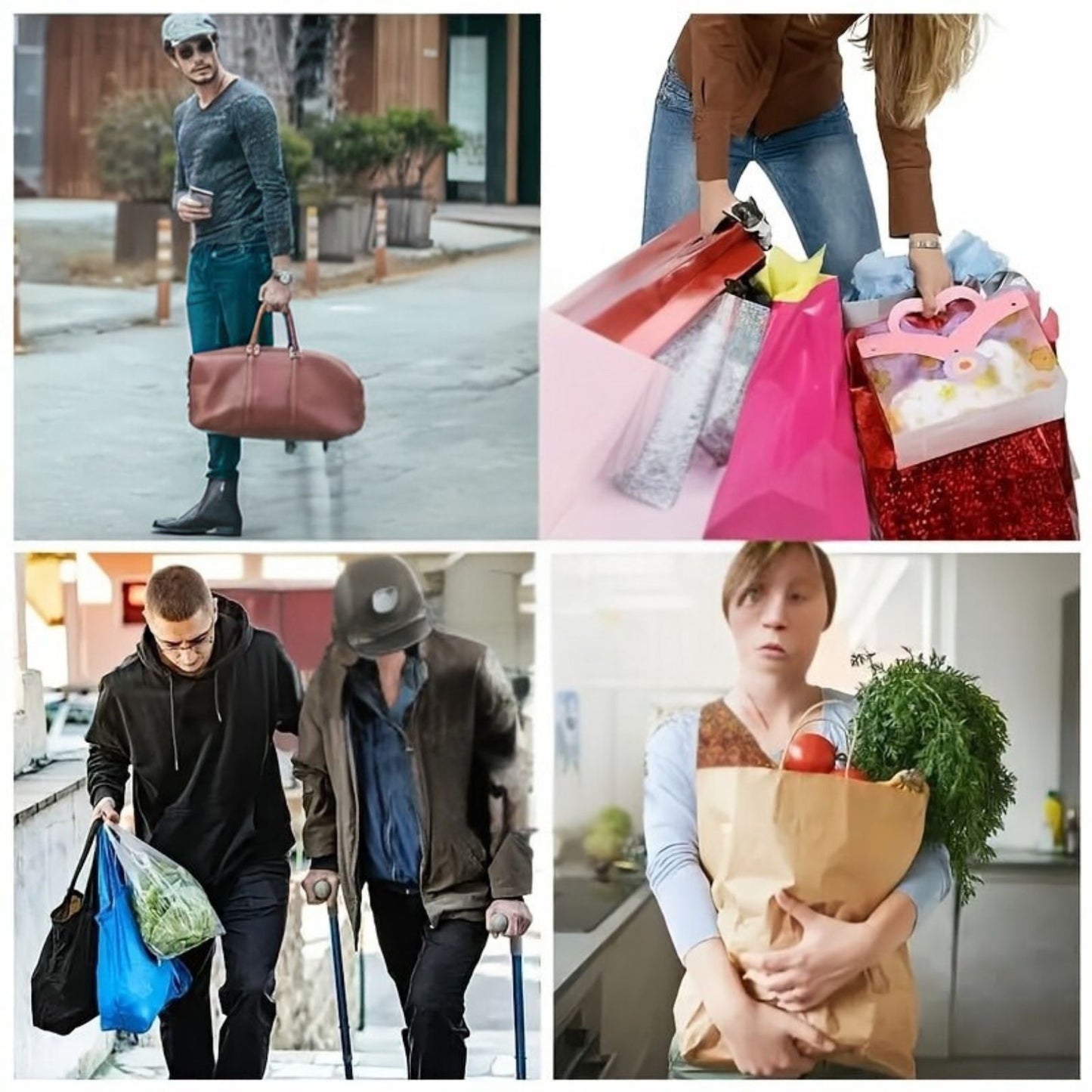 Collage depicting various people struggling to carry multiple shopping bags, including a person with crutches, someone overloaded with retail bags, and a person straining with a heavy paper grocery bag, illustrating the common challenges of carrying many items.