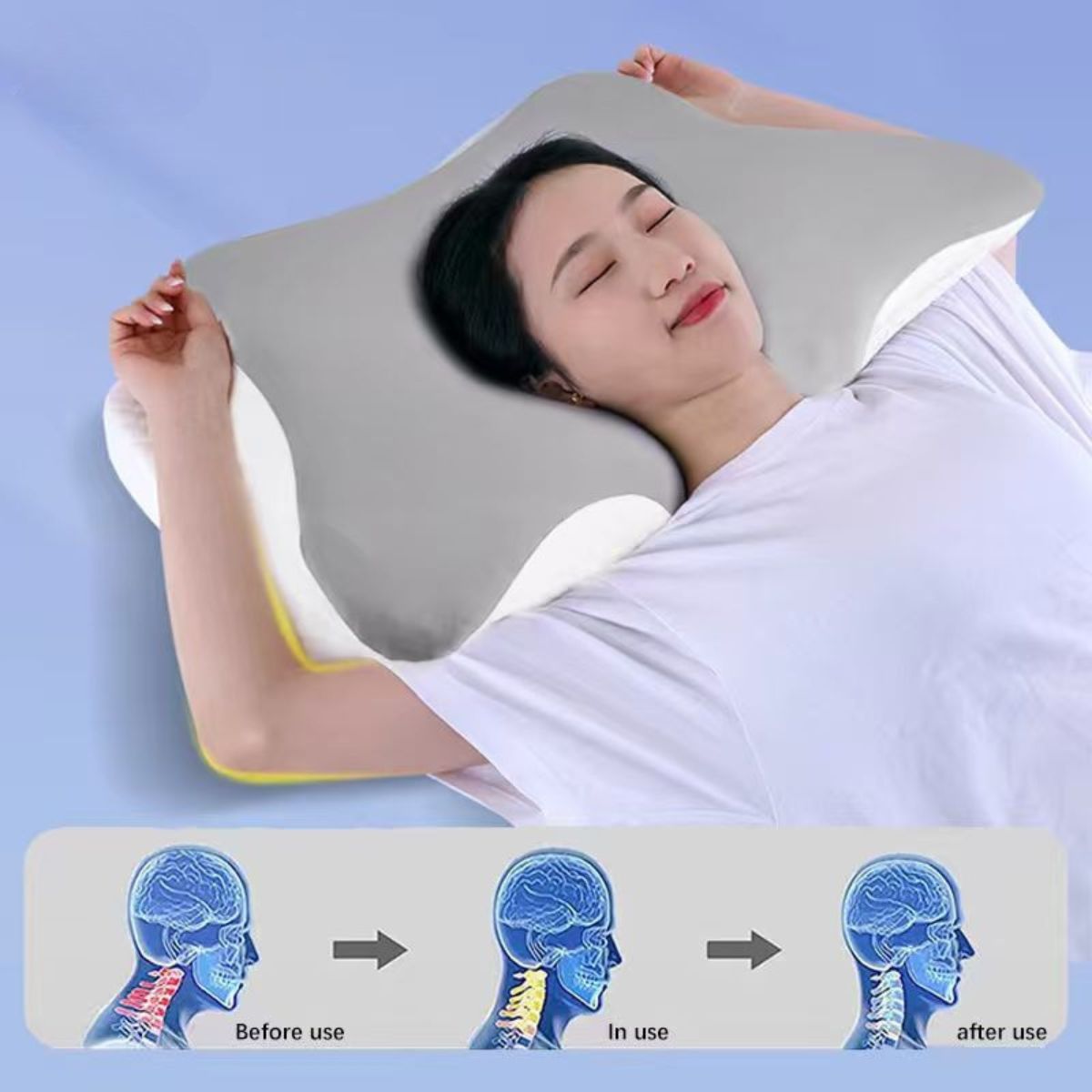 A woman peacefully sleeps on a butterfly-shaped pillow. Below, three diagrams of a human neck and head show the cervical spine's alignment before using the pillow (misaligned), while in use (partially aligned), and after use (properly aligned).