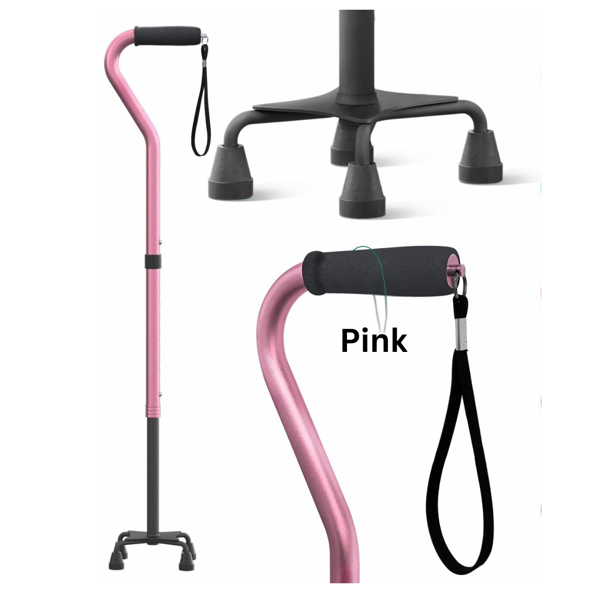 Pink JC Health Aluminum Quad Cane shown with a detailed view of its wide four-pointed base and an ergonomic handle with an attached wrist strap