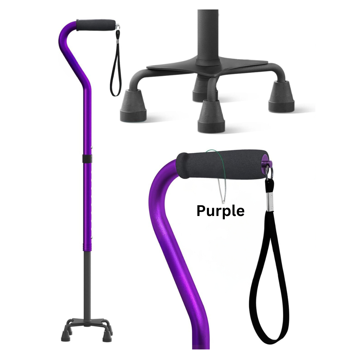 Purple JC Health Aluminum Quad Cane shown with a detailed view of its wide four-pointed base and an ergonomic handle with an attached wrist strap.