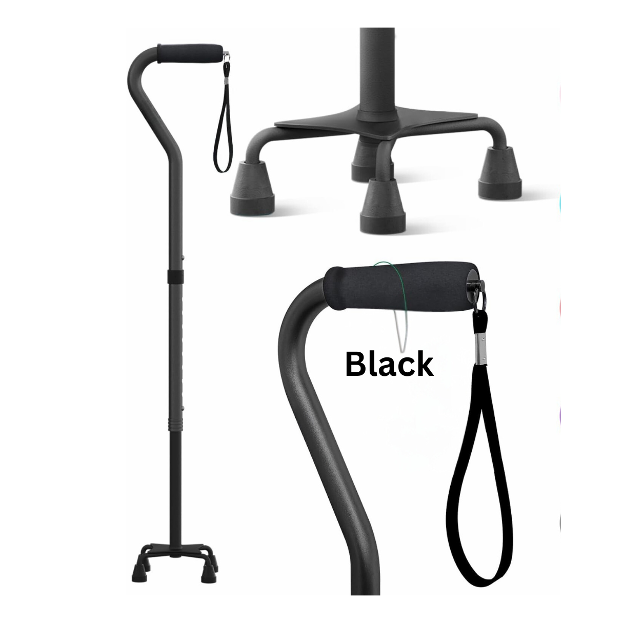 Black JC Health Aluminum Quad Cane shown with a detailed view of its wide four-pointed base and an ergonomic handle with an attached wrist strap