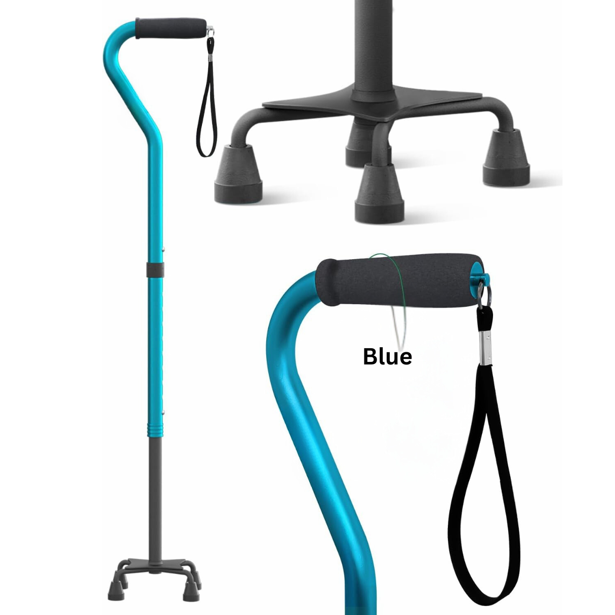 blue JC Health Aluminum Quad Cane shown with a detailed view of its wide four-pointed base and an ergonomic handle with an attached wrist strap.