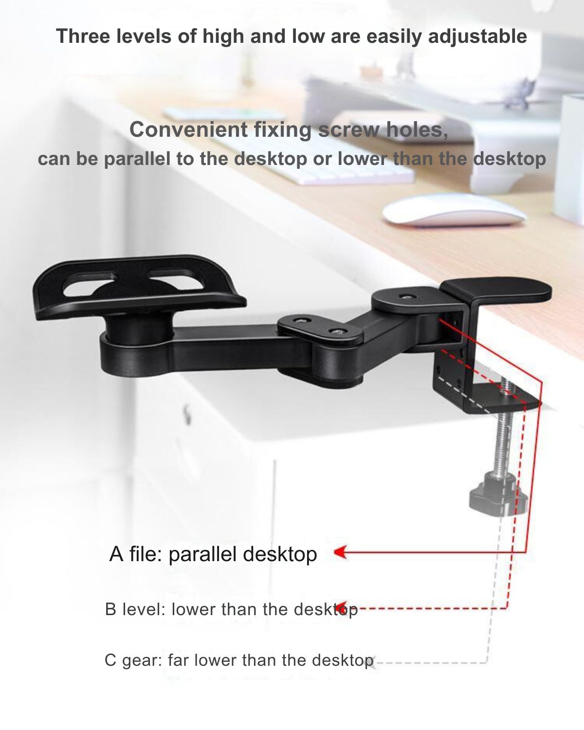 Diagram showing three levels of height adjustment for JC Health Ergonomic Desk Arm Rest for customizable support.