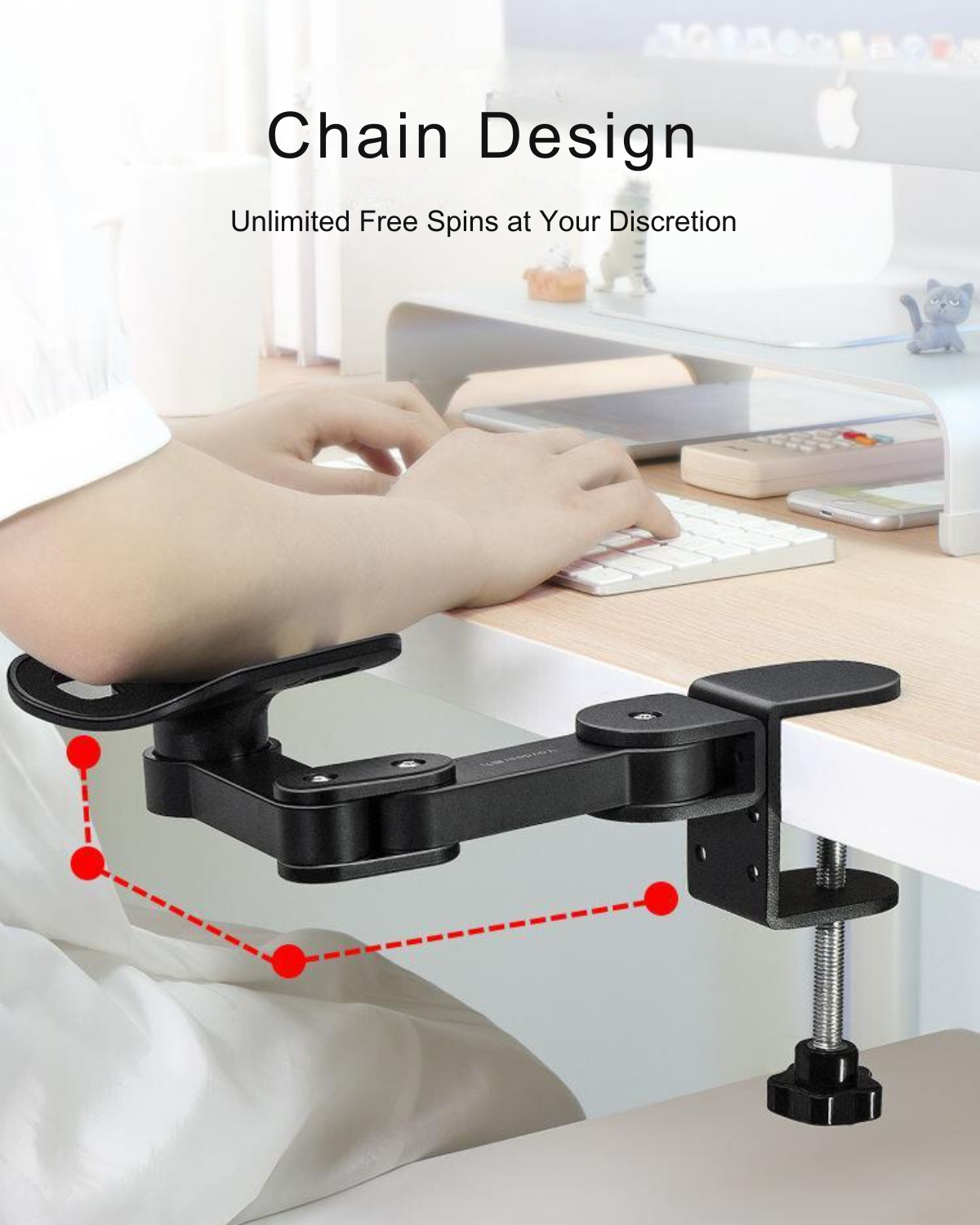 Diagram of JC Health Ergonomic Desk Arm Rest highlighting its chain design for flexible and free rotation.