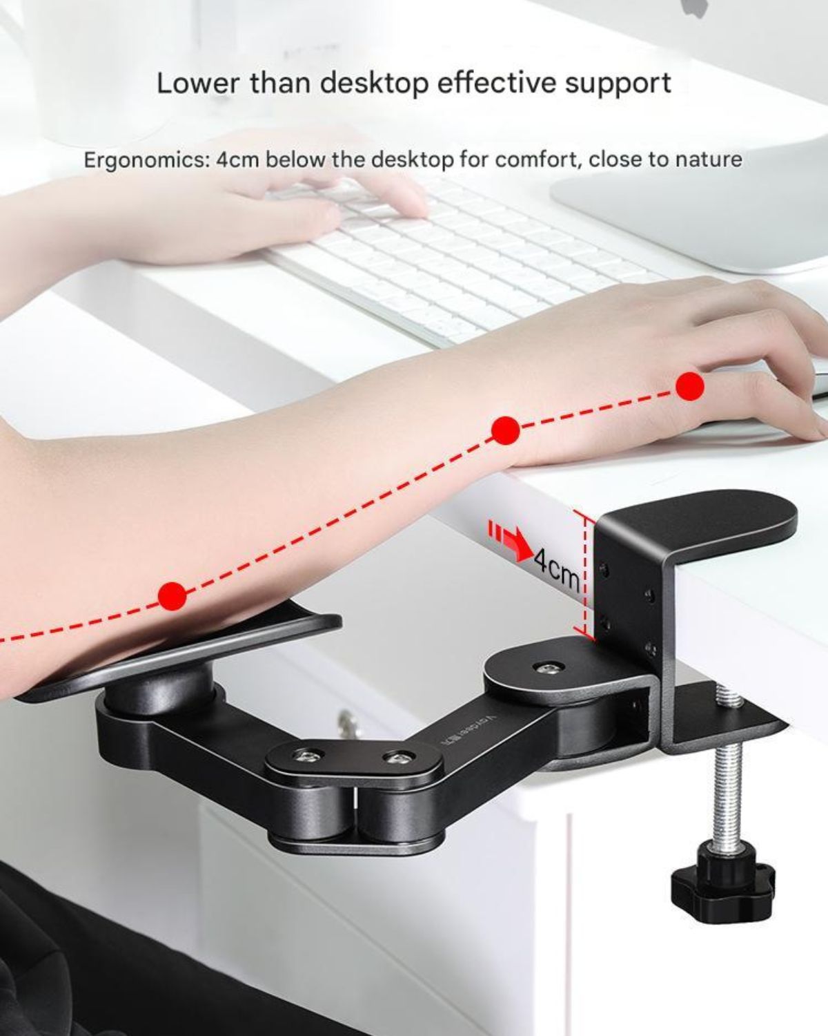 Hand installing JC Health Ergonomic Desk Arm Rest onto a desk from the side, demonstrating the clamp attachment