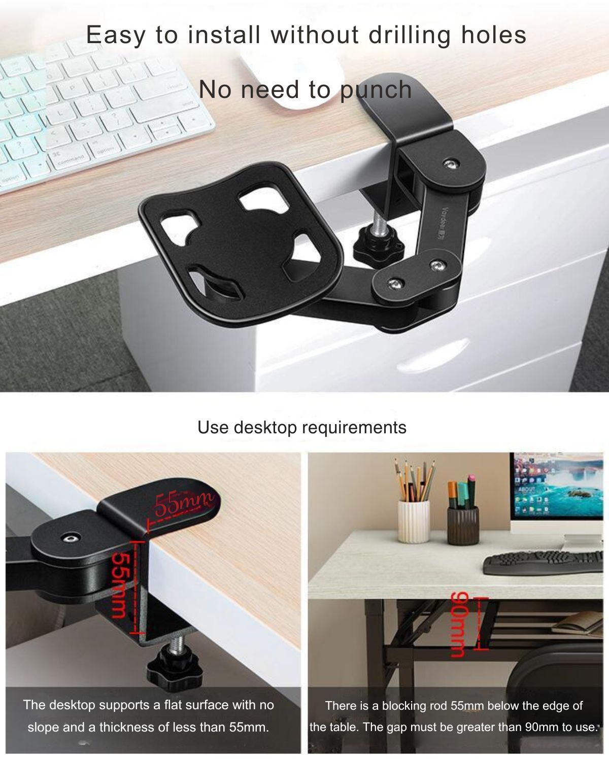 Diagram showing easy, no-drill installation of JC Health Ergonomic Desk Arm Rest, suitable for various desktops