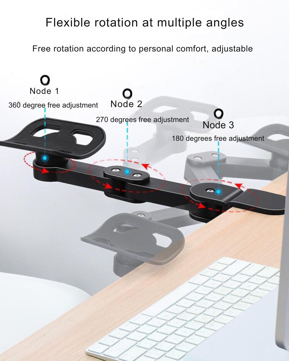 Diagram of JC Health Ergonomic Desk Arm Rest illustrating flexible rotation at multiple angles for personalized comfort.