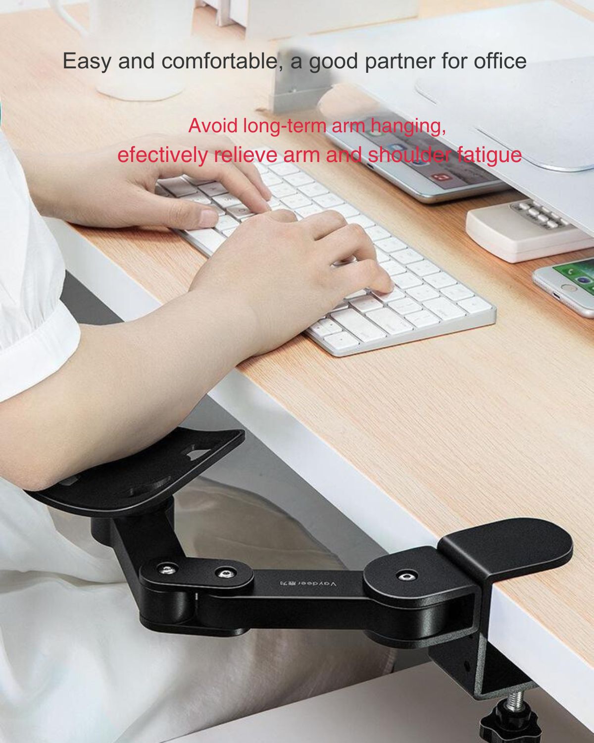 Person using JC Health Ergonomic Desk Arm Rest at an office desk, highlighting its ease of use and comfort for work.