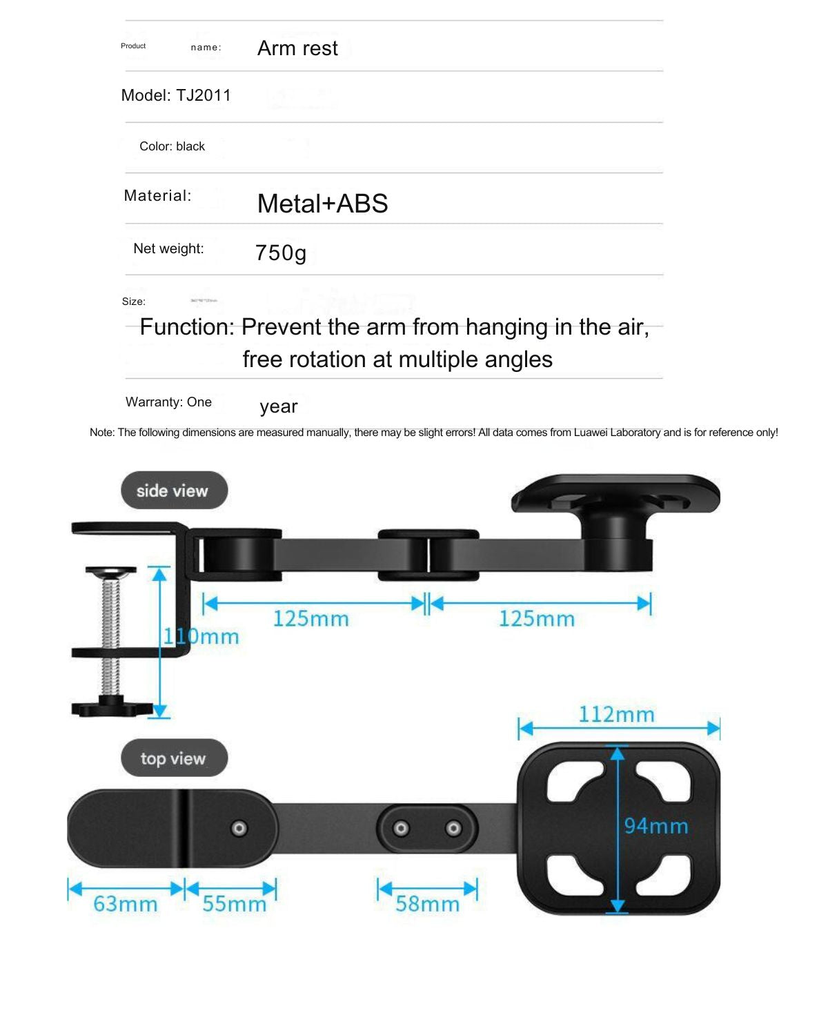 Table displaying product parameters for JC Health Ergonomic Desk Arm Rest, including material, weight, and dimensions